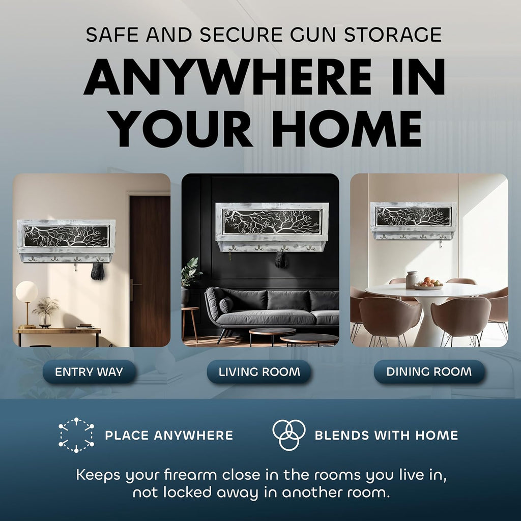 Winter Family Tree Gun Concealment Decor - Handcrafted Wooden Gun Cabinets - Gun Shelf Hidden Storage for Rifles, Shotguns, & Handguns - Quick Access Hidden Wall Safe